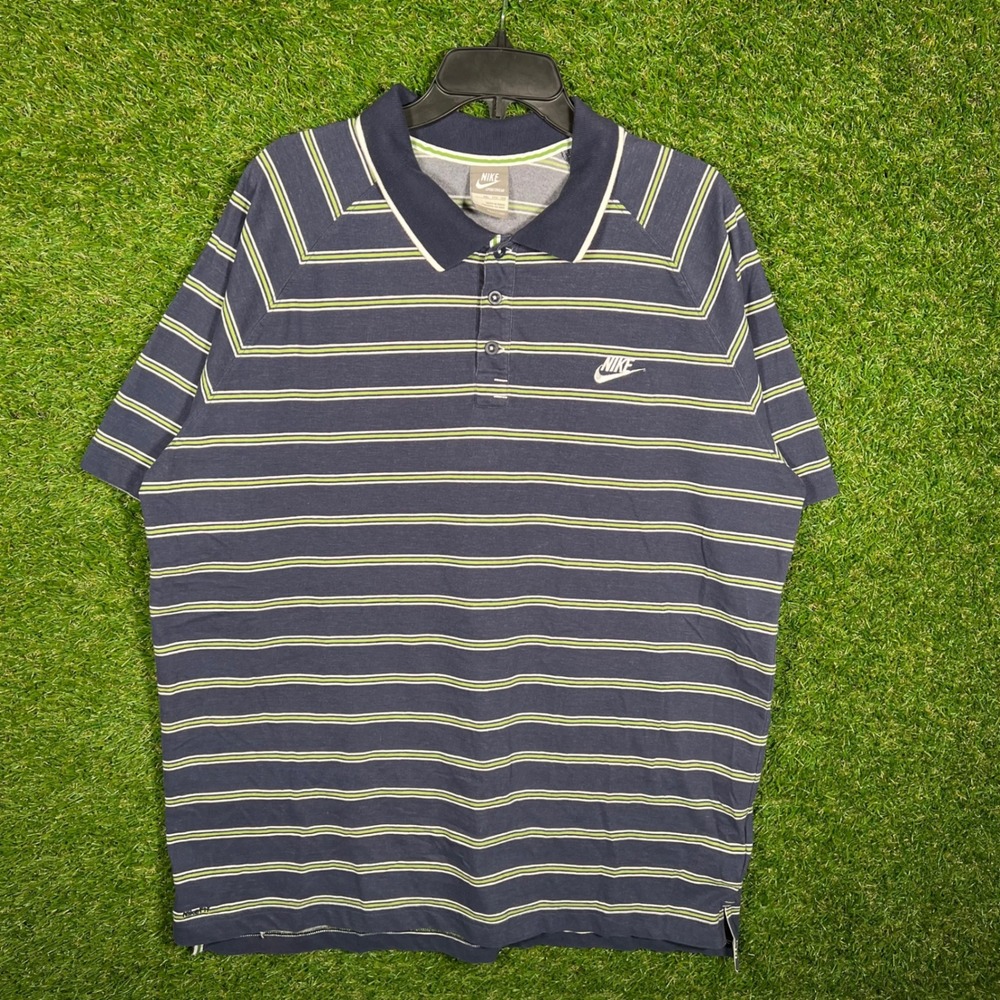 Nike‎ Sportswear Mens XXL Polo Shirt Navy Blue Striped Fit Dry Short Sleeve